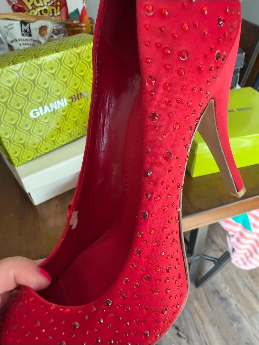 Gianni Bini Red Rhinestone Peep-Toe Heels